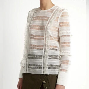 Self-Portrait Stripe Grid Top White Guipure Lace Straight Cut Slim Fit Small